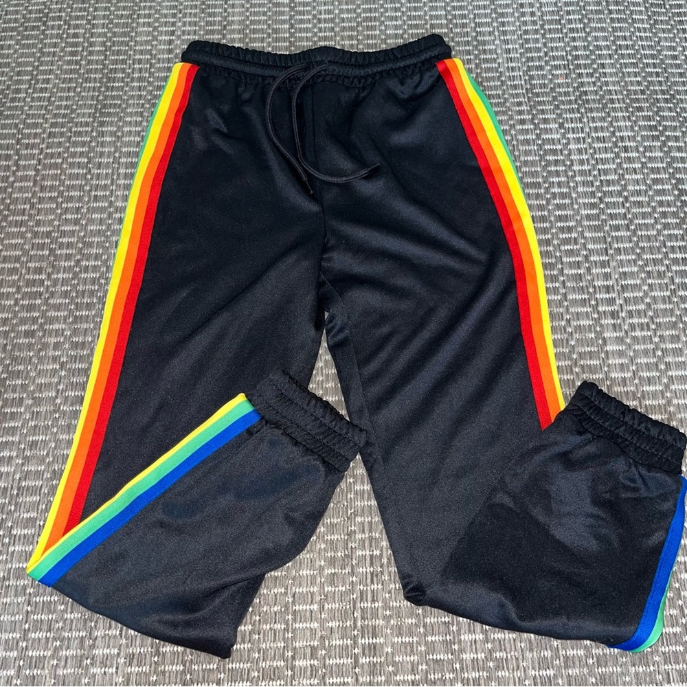 Forever 21 Black and Red Track Pants with Rainbow Stripes